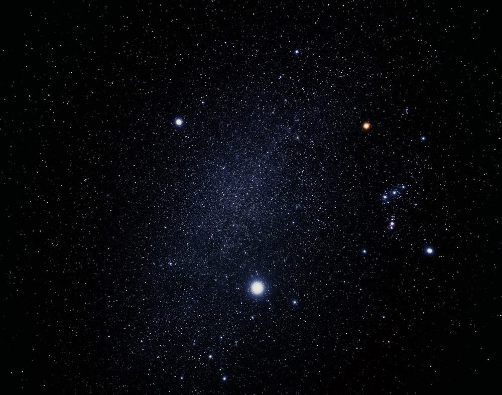 Ground-based photograph of Orion, Canis Minor and Canis Major with Sirius